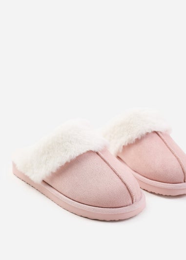 Where's That From Lounge Pink Suede Slippers With Fur Trim