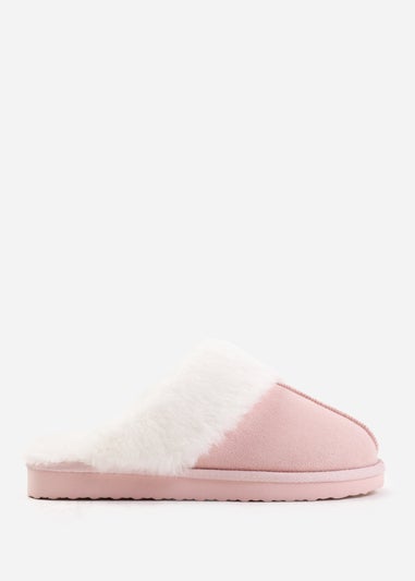 Where's That From Lounge Pink Suede Slippers With Fur Trim