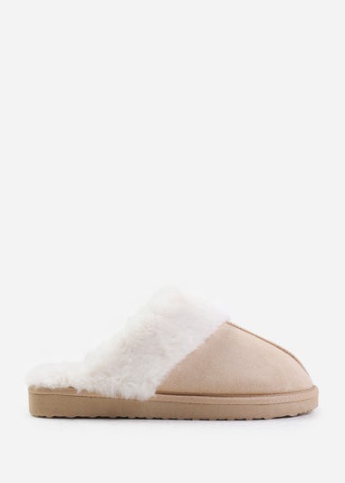 Where's That From Lounge Cream Suede Slippers With Fur Trim