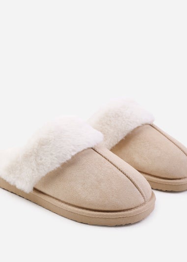 Where's That From Lounge Cream Suede Slippers With Fur Trim