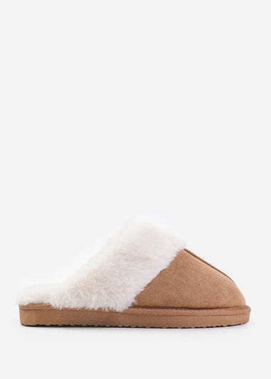 Where's That From Lounge Camel Suede Slippers With Fur Trim