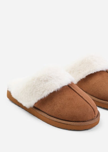 Where's That From Lounge Chestnut Suede Slippers With Fur Trim