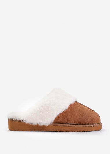 Where's That From Lounge Chestnut Suede Slippers With Fur Trim