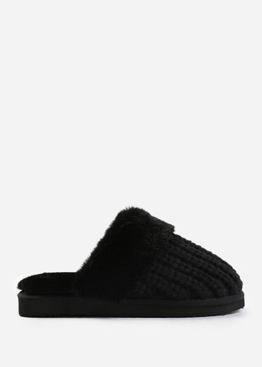 Where's That From Comfort Black Yarn Fur Trim Knitted Slippers