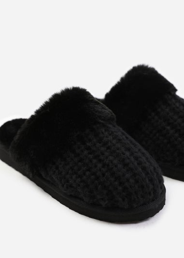 Where's That From Comfort Black Yarn Fur Trim Knitted Slippers