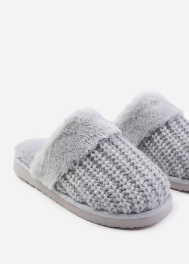 Where's That From Comfort Grey Yarn Fur Trim Knitted Slippers