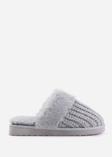 Where's That From Comfort Grey Yarn Fur Trim Knitted Slippers