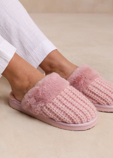 Where's That From Comfort Pink Yarn Fur Trim Knitted Slippers