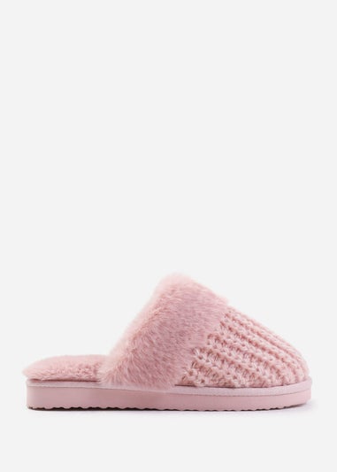 Where's That From Comfort Pink Yarn Fur Trim Knitted Slippers