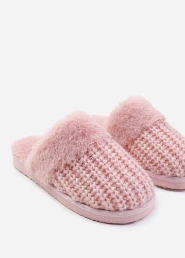 Where's That From Comfort Pink Yarn Fur Trim Knitted Slippers