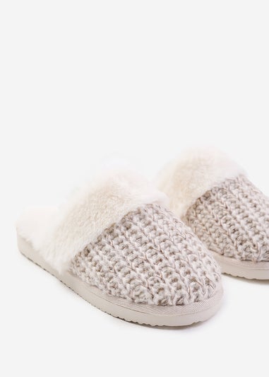 Where's That From Comfort White Yarn Fur Trim Knitted Slippers