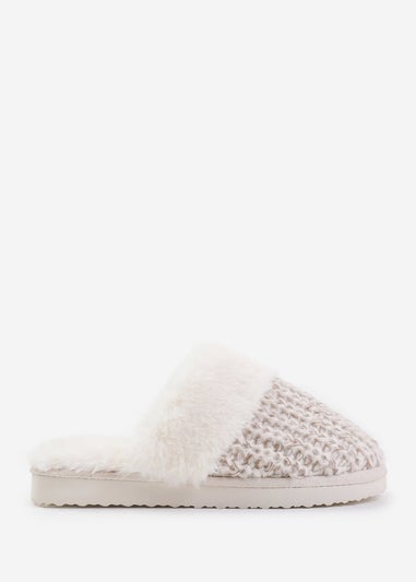 Where's That From Comfort White Yarn Fur Trim Knitted Slippers