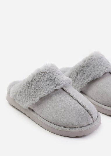 Where's That From Lounge Grey Suede Slippers With Fur Trim