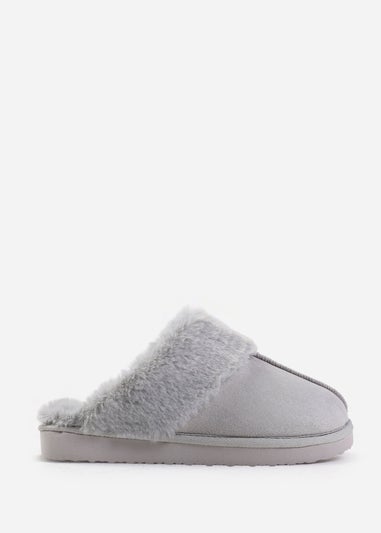 Where's That From Lounge Grey Suede Slippers With Fur Trim