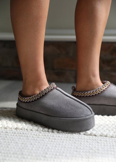 Where's That From Allegra Grey Suede Embroidered Ankle Slipper Boots