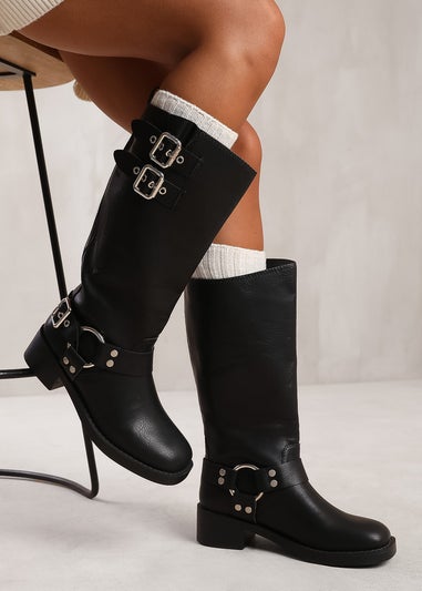 Where's That From Spruce Black Biker Style Below Knee Boots