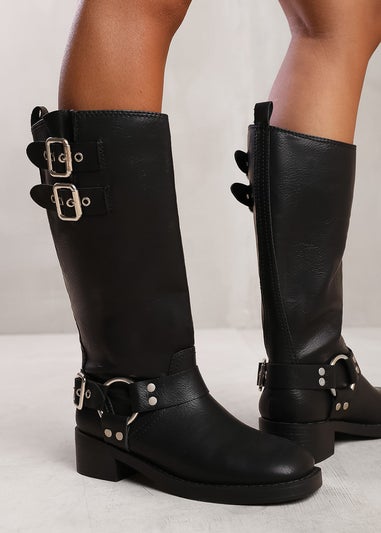 Where's That From Spruce Black Biker Style Below Knee Boots