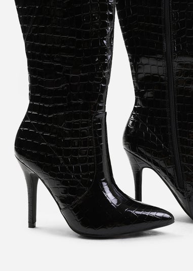 Where's That From  Black Croco Zoya Wide Calf Heeled Boots