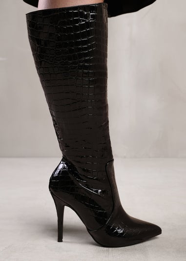 Where's That From  Black Croco Zoya Wide Calf Heeled Boots