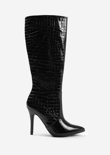 Where's That From  Black Croco Zoya Wide Calf Heeled Boots