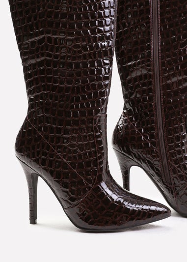 Where's That From  Brown Croco Zoya Wide Calf Heeled Boots