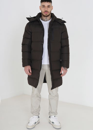 Brave Soul Brown Longline Hooded Padded Puffer Jacket