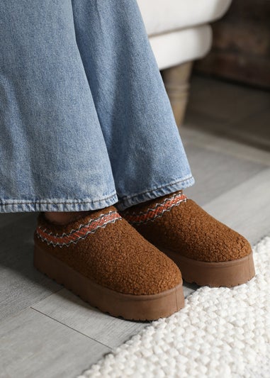 Where's That From Cherry Chestnut Shearling Aztec Detail Slipper Boots