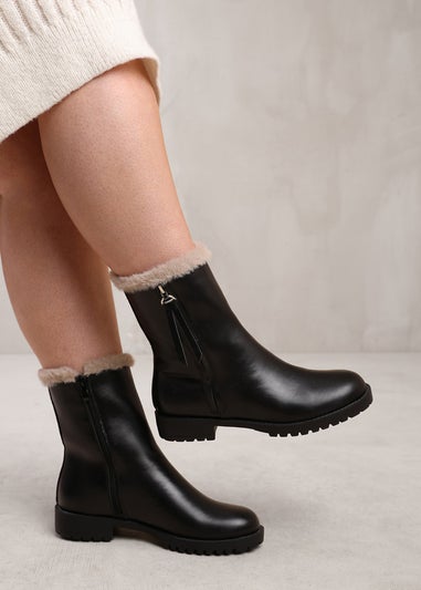 Where's That From Artic Black Mid Calf Fur Trim Boots