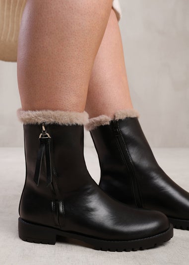 Where's That From Artic Black Mid Calf Fur Trim Boots