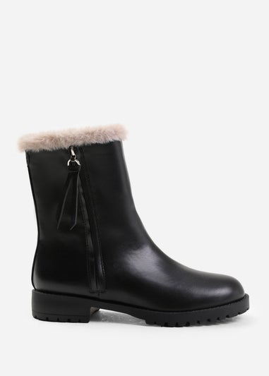 Where's That From Artic Black Mid Calf Fur Trim Boots