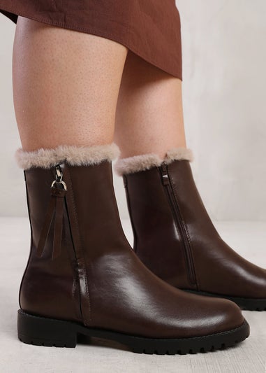 Where's That From Artic Brown Mid Calf Fur Trim Boots