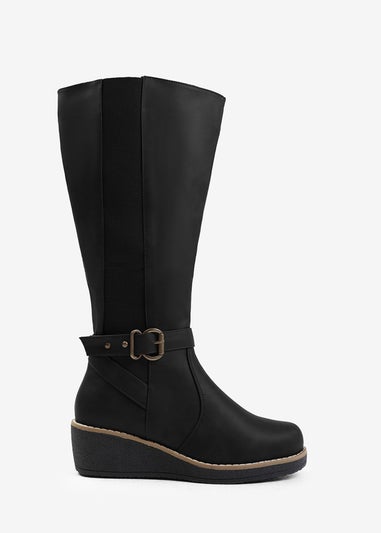 Where's That From Ayleen Black Wide Calf Wedge Knee-High Boots