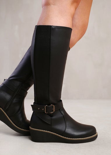 Where's That From Ayleen Black Wide Calf Wedge Knee-High Boots