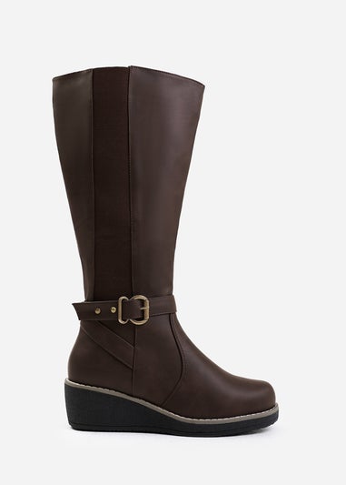 Where's That From Ayleen Brown Wide Calf Wedge Knee-High Boots