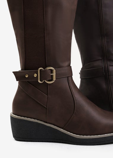 Where's That From Ayleen Brown Wide Calf Wedge Knee-High Boots