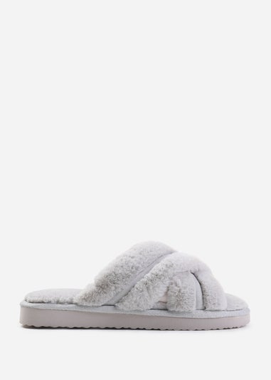 Where's That From Snuggle Grey Suede Cross Over Fluffy Slippers