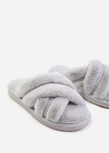 Where's That From Snuggle Grey Suede Cross Over Fluffy Slippers