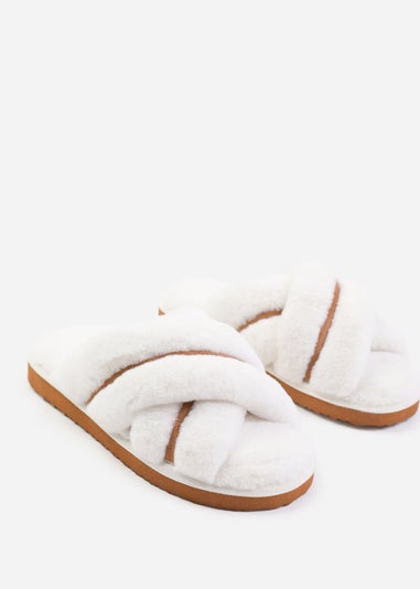 Where's That From Snuggle Chestnut Suede Cross Over Fluffy Slippers