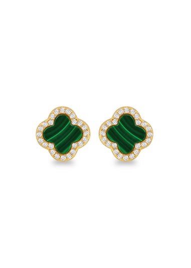 Golden Moments Yellow Gold Plated Clover Malachite CZ Stud Earrings