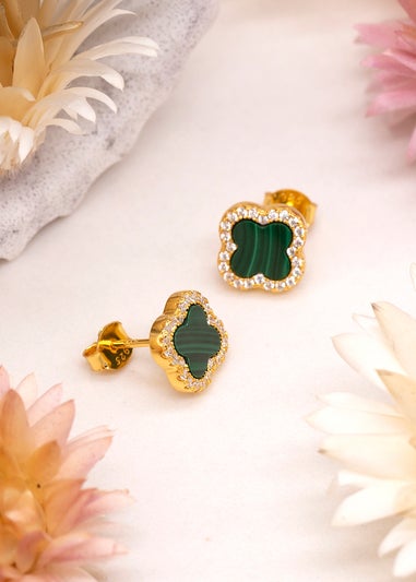 Golden Moments Yellow Gold Plated Clover Malachite CZ Stud Earrings