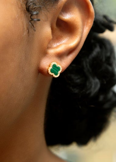 Golden Moments Yellow Gold Plated Clover Malachite CZ Stud Earrings