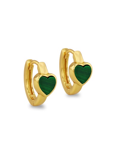 Golden Moments Yellow Gold Plated Heart Malachite Huggy Earrings