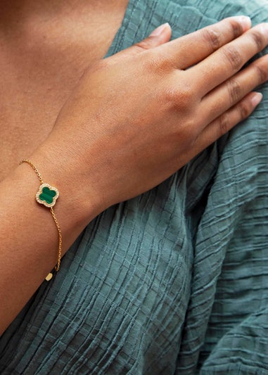 Golden Moments Yellow Gold Plated Clover Malachite and CZ Bracelet