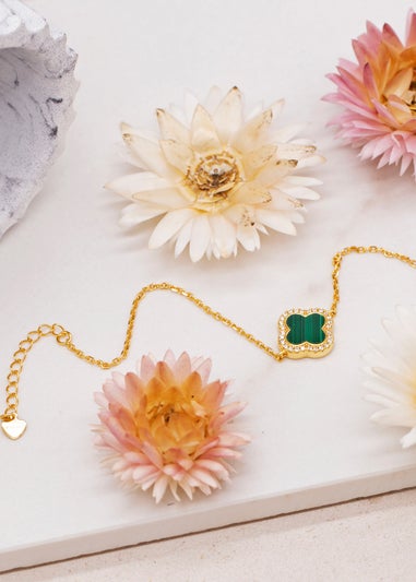 Golden Moments Yellow Gold Plated Clover Malachite and CZ Bracelet