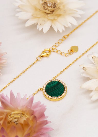 Golden Moments Yellow Gold Plated Round Malachite and CZ Necklace