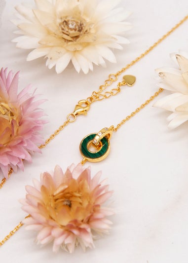 Golden Moments Gold Plated Round Malachite CZ Linked Rings Necklace