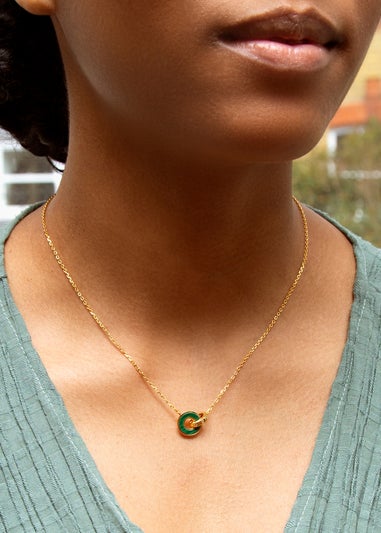 Golden Moments Gold Plated Round Malachite CZ Linked Rings Necklace