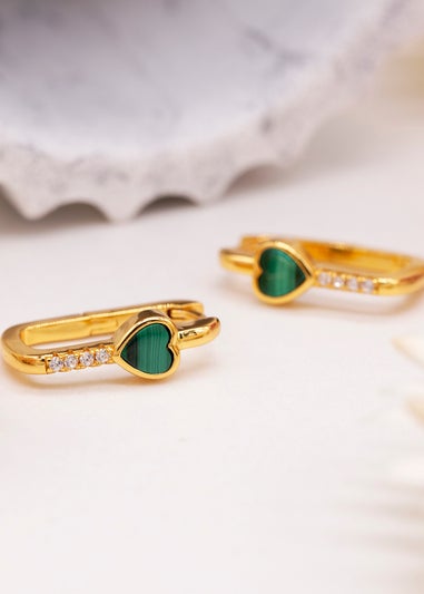 Golden Moments Yellow Gold Plated Heart Malachite CZ Huggy Earrings