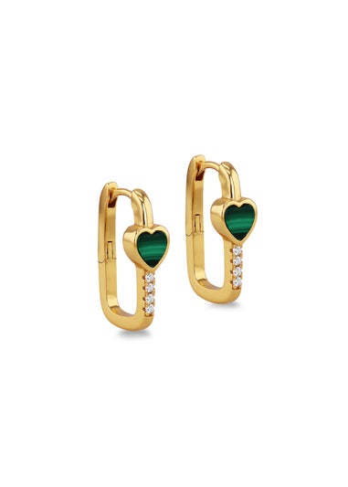 Golden Moments Yellow Gold Plated Heart Malachite CZ Huggy Earrings