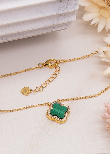 Golden Moments Yellow Gold Plated Clover Malachite CZ Necklace